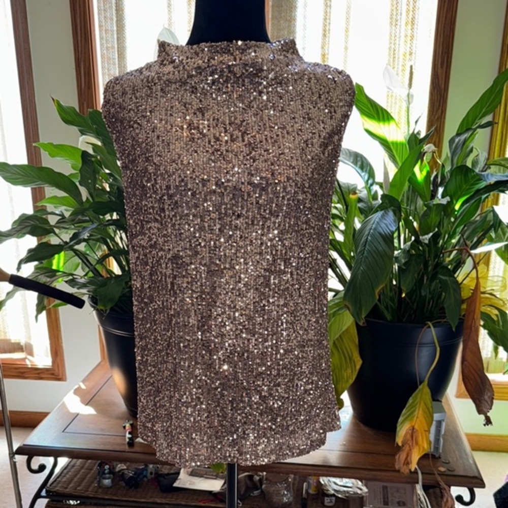Cable & Gauge Rose Gold Sequin Mandarin Collar Top